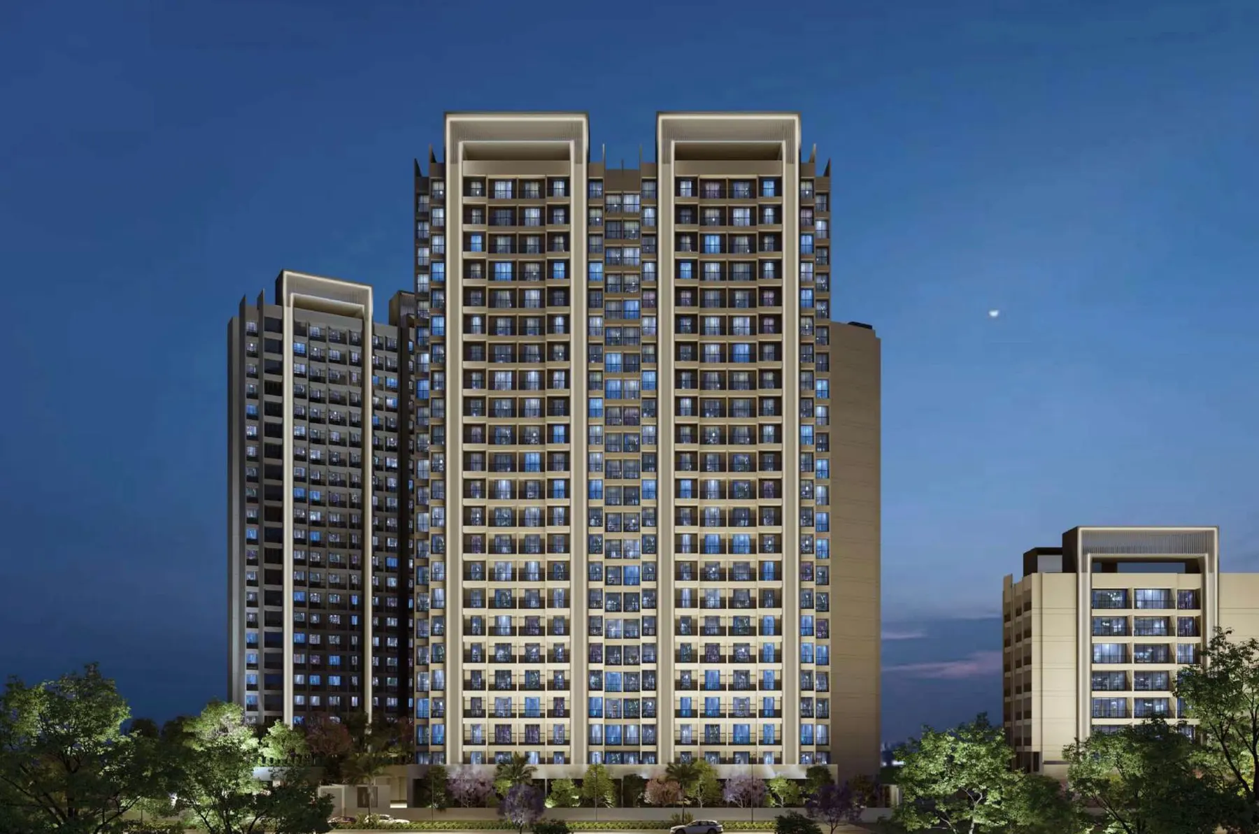 The Aura towers at night — architect’s visualisation